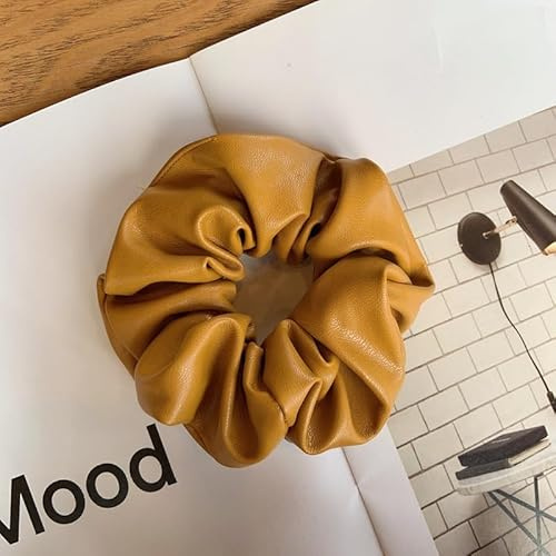 YKAFADE 3 Stücke Haargummi Scrunchie für Damen, Weich PU Leder Klassische Elastische Haarbänder Pferdeschwanzhalter Haarschmuck Einfarbig Haare Ringe für Frauen Mädchen -Gelb
