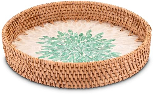 Decorasian Vintage Tablett aus Rattan mit Muschel Mosaik – Dekotablett und Serviertablett mit Griff im Boho Stil - Durchmesser 30cm