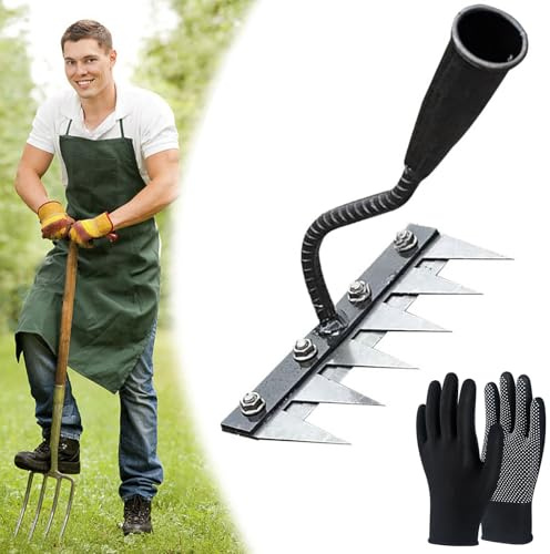 Rastrello in ferro per giardinaggio e diserbo, rastrello da giardino in acciaio al carbonio a 5/6/7/8 denti, rastrello per terreno resistente, rastrello da diserbo in ferro per giardinaggio (6 Teeth)