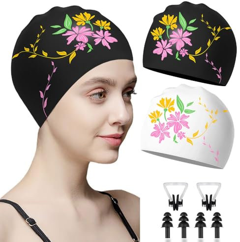 XFSRG 2 Pezzi Cuffia Piscina Donna Stampe Colorate Vestibilità Morbida alta Elasticità Impermeabile Antiscivolo per Piscina Spiaggia Allenamento di Nuoto