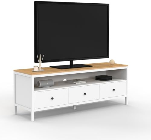 IDMarket – Mueble TV 140 cm Aquiles 3 cajones blanco y bandeja madera