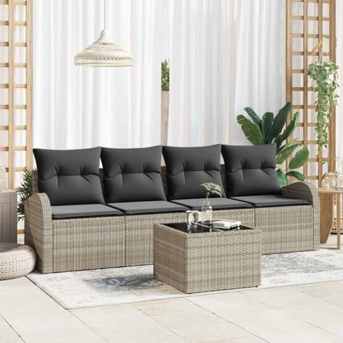 Hoopleep Garten-Sofa-Set mit Kissen, 5-teilig, Hellgrau Dunkelgrau, Modulares Rattan Loungeset für Terrasse, Balkon, Außenbereich