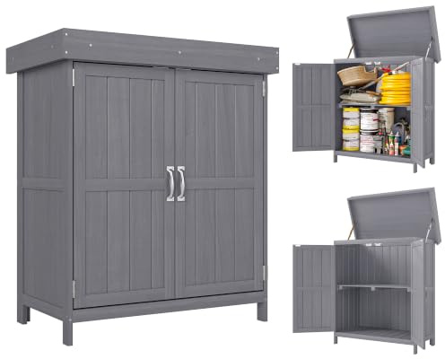 Outsunny Armoire de Jardin Double Porte Toit Bitumé 74 x 43 x 88 cm Gris | sur Pied, Étagère, Toit Relevable, Bois Massif de Sapin, Meuble Extérieur
