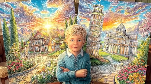 Junge vor gemalten Szenen Erwachsenenpuzzle 1000 Teile Puzzle Herausforderndes Spiel für Wanddekoration und Geschenke Tolle Geschenkidee Bildungsspiele 38x26/1000 Teile