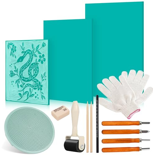 14 PCS Lino Printing Kit Including 3 PCS A4 A5 A6 Lino Sheets 4 Upgraded Version Lino Cutting Toolsand Rubber Brayer Roller lino Printing kit for Printmaking and Rubber Stamps Engraving
