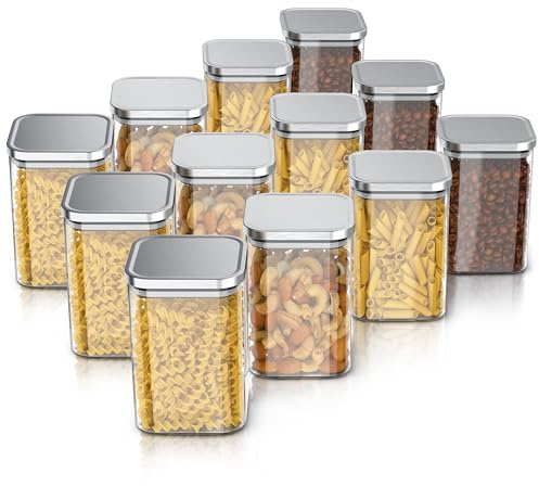 Arendo - Vorratsgläser 1200ml mit Deckel Edelstahl - 12er Set - Behälter aus Glas – hitzebeständig – Vorratsdosen/Vorratsbehälter mit Edelstahl Deckel - luftdicht - für Müsli Zucker Mehl Kaffee