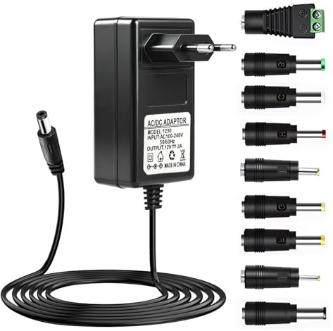 12V 3A Fuente de Alimentación Universal, AC DC Adaptador con 9 DC Enchufes, Power Supply 100-240V 50/60Hz, Cargador DC 5.5mm X 2.1mm para Router Tiras LED Cámara CCTV WLAN Ventilador