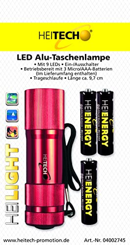 HEITECH Alu Taschenlampe mit 9LEDs - Ein/Aus Druckschalter, inkl. 3 AAA/Micro Batterien,rot