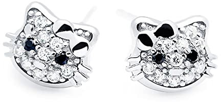 Findout Silberohrringe für Damen – 925er Sterlingsilber mit Zirkonia, süße HelloKitty-Katzen-Ohrstecker für Frauen, Mädchen und Kinder – Geburtstagsgeschenk