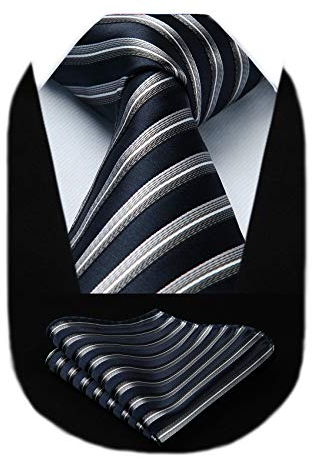 HISDERN Herren Krawatte Gestreifte Hochzeit Krawatte & Einstecktuch Set Marineblau und Grau