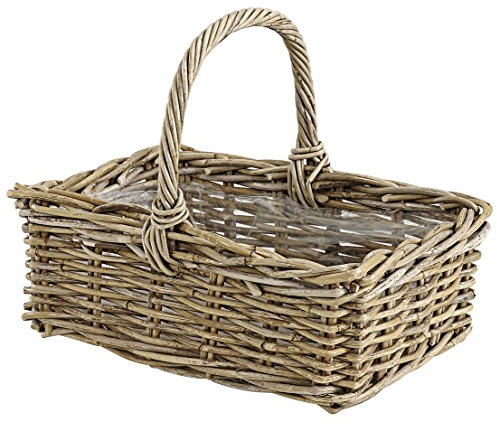 Jardinera Dehner Rattan con mango, aproximadamente 40 x 28 x 30 cm, trenzado de ratán, gris / marrón