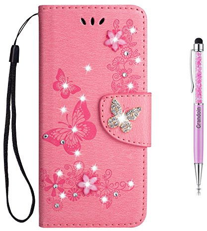 Grandoin Galaxy S9 Plus Hülle, Bling Glitzer Glitter Handyhülle im Brieftasche-Stil für Samsung Galaxy S9 Plus Handytasche PU Leder Ledercase Flip Tasche Wallet Tasche Handytasche Cover Case (Rosa)