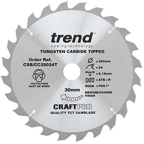 Trend Wood Cordless ATBR Mitre Saw Blade, 250mm Diameter, 30mm Bore, 24 Teeth, 2.2mm Kerf, +7° Hook, TCT, Coarse Finish, CSB/CC25024T