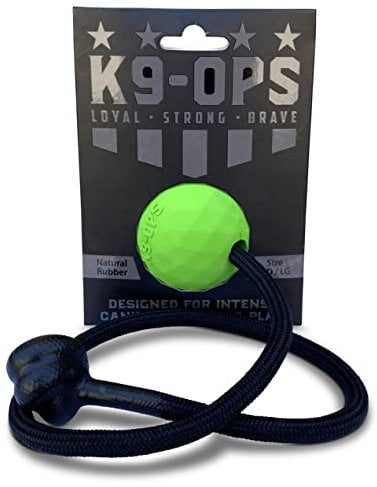 K9 Ops Mokie Dog Ball on a Rope Tug Toy - Solid Rubber Fetch Training Reward - Large Dogs Tug of War Launcher Indestructible Thrower Aggressive Chewers (Envy Green - Black Rope)