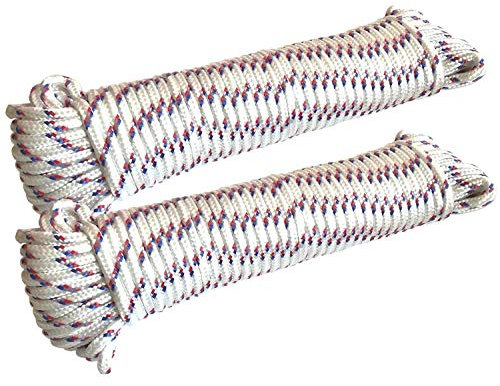 EUROXANTY Filo per stendere | Filo Stendibiancheria per esterni in nylon | Resistente al sole e alla pioggia | Corda da campeggio e da giardinaggio | 20 M | Bianco con strisce x2