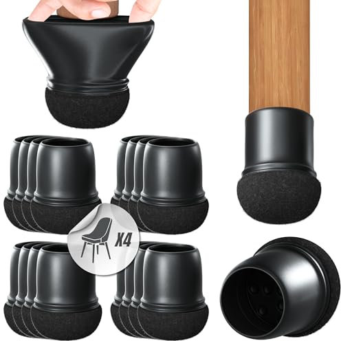 Premium 16 Stück Stuhlbeinkappen Rund, Filzgleiter, Stuhlbeinschoner, Schutzkappen mit Filz für Stuhlbeine | Möbelgleiter Set für 4 Stühle | Silikon Gleiter Stuhlbeinsocken Ø 14-19 mm, Schwarz