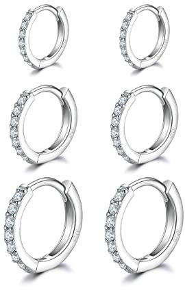 Orecchini Cerchio Argento per Donna,925 Sterling Piccoli Con AAA Cubic Zirconia,3 Paia Ipoallergenic Argento Huggie Sleeper