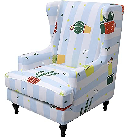 Highdi 2-Teilig Ohrensessel Bezug, Sesselüberwürfe mit Kreativer Muster Druck Sesselhusse Elastisch Stretch Husse für Ohrensessel Relaxsessel Fernsehsessel mit Armlehne (Blaue Streifen)