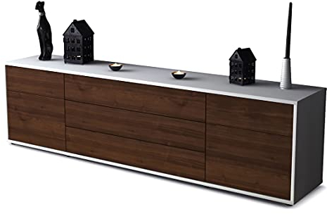 Stil.Zeit TV Schrank Lowboard, Andrico, Korpus Weiss matt, Front Holz-Design Walnuss, (180x49x35cm), Push to Open Technik & Leichtlaufschienen
