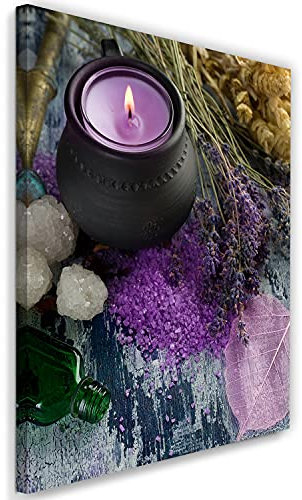 Feeby Vlies Leinwandbild Lavendel Badesalze Zen Spa 60x90 cm Druckbild Wandbild Wanddekoration Deko Wand Aesthetic Wellness Rustikal Kerzen mehrfarbig