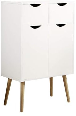 Home Source Sideboard Storage Cabinet, 2 Door, 2 Drawer Cupboard, Solid Wood Legs, White, Scandi Style