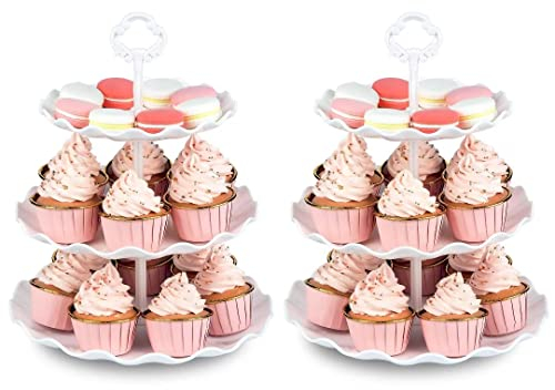 NWK Pack of 2 Large Stable 3-Tier Cupcake Stand 30cm Height Plastic Cake Stand Food Round Display for Wedding Birthday Graduation Afternoon Tea Party (White, Large)