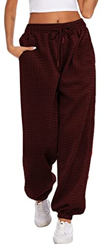 Hotouch Jogginghose Damen Waffle Lang Sporthose Baggy Trainingshose High Waist Sweatpants Modern Warm Jogger Hose Freizeithose Bequeme Laufhosen Rot XL