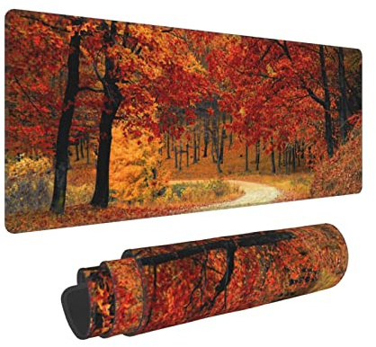 Autumn Fall Season Nature Landscape Forest Alley Trees Foliage Gaming Keyboard Mouse Pad Mousepad Accessories Huge Extended XL Stitched Edge Rubber Sole for Home Office(31.5X 11.8)