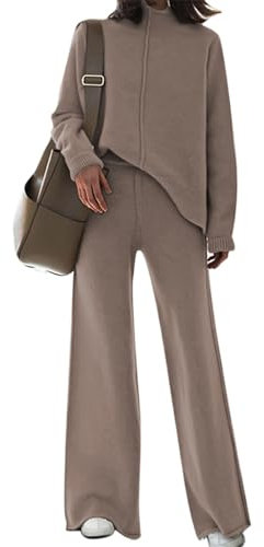 Viottiset Damen Gestrickte Outfits Stehkragen Pullover Weites Bein Hosen Zweiteilig Set Sweatsuit Loungewear Khaki L