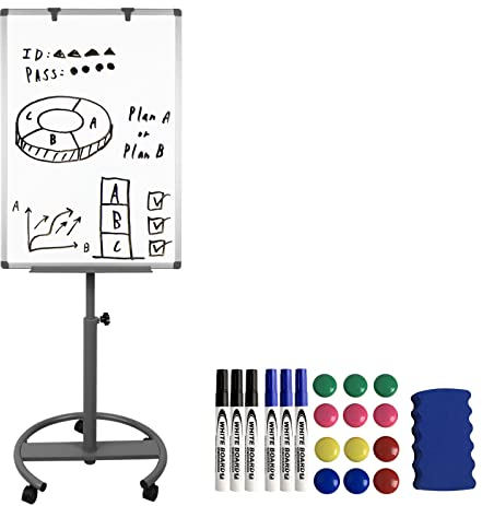 Aufun Flipchart mit Rollen Whiteboard 90x60 cm mit Ablage Rundfuß, höhenverstellbar, magnethaftende und beschreibbare Tafel, Moderationstafel Moderationswand Magnettafel(Shark Premium)