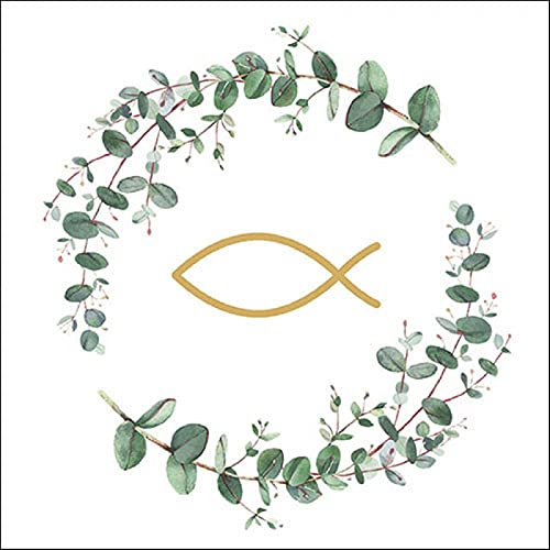Ambiente Serviette Lunch 33x33cm Motiv: Communion Branches White - Eucalyptusring Fisch Kranz 20 Stück pro Packung