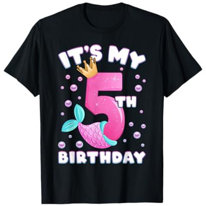 Kinder 5. Geburtstag, Mädchen, Meerjungfrauenflosse, Nummer 5 T-Shirt
