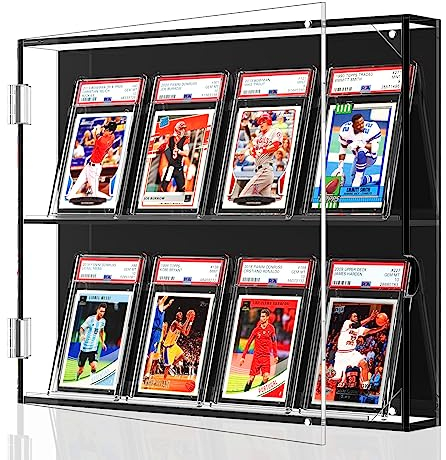 NIUBEE Acryl-Baseballkarten-Vitrine, 8 abgestufte Karten-Display-Rahmen, Wandhalterung mit UV-Schutz, klare Sicht, Sportkarten-Vitrine mit magnetischer Tür für Fußball, Basketball, Hockey, horizontal