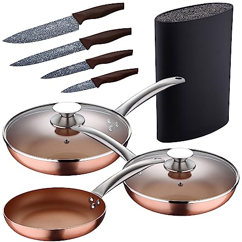 Set 5pc sartenes (con tapa) aluminio prensado inducción con Set 4pc cuchillos acero inoxidable con Tacoma / bloque de cuchillos universal, gran capac