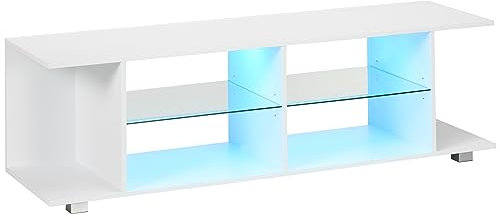 HOMCOM Meuble Banc TV sur Pieds avec lumières LED - 2 étagères en Verre trempé pour télévision jusqu'à 60 Pouces Style Contemporain - 145 x 40 x 45 cm Blanc