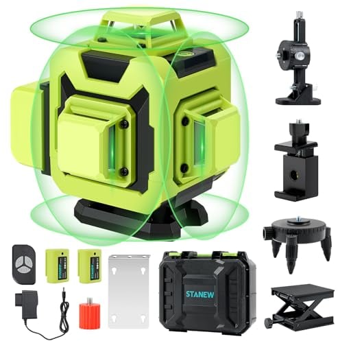 Stanew Livella Laser Autolivellante 4 X 360 °,Verde Livella Laser 16 Linee con Autolivellante IP54, 2 x 2400mAh Batterie, Autolivellante, Supporto rotante, Telecomando, Base Magnetica
