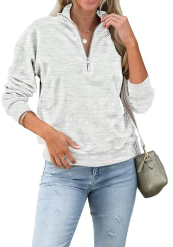 Dressmine Damen-Sweatshirt mit halbem Reißverschluss, schulterfrei, langärmelig, Stehkragen, Herbst, Pullover, Tunika, Tops, 01 Weiß Grau, S