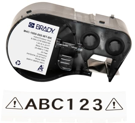 Brady Vinyl-Etikettenband für Etikettendrucker BMP41/BMP51/BMP53/M511 - Klebeetiketten - Schwarz auf Weiß (25,40 mm (B) x 7,62 m (L)) - M4C-1000-595-WT-BK