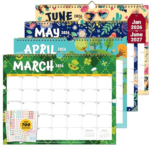 Decorably Bunter Kalender 2025, 18 Monate, Wandkalender Januar 2025 bis Juni 2026, 36,8 x 29,2 cm, Frühlingsbindung, Büro-Wandkalender mit inspirierenden Zitaten und Aufklebern, für Büro- und