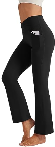 Friptspyg Hose Damen Flared Leggings V High Waist Schlaghose Elegant Jogginghose Stretch Yogahose mit Taschen Sporthose, Schwarz L