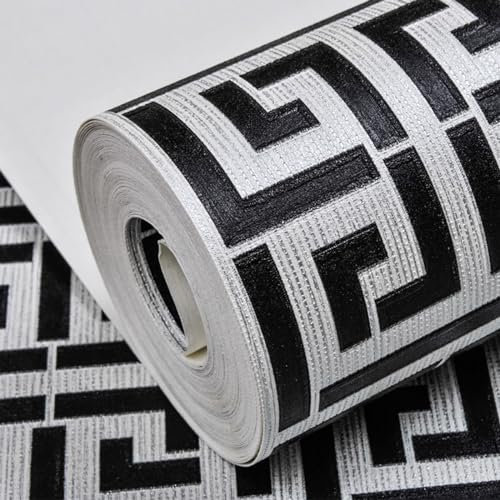 Modern Geometric Greek Key Wallpaper Black Grey Luxury Satin Effect PVC Waterproof Wall Decoration for Bedroom Living Room (0.53m*10m,Black)