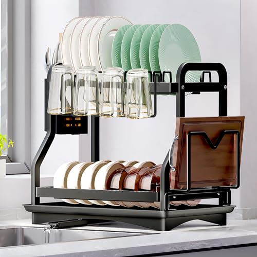 ZHHGOO Escurreplatos de 2 Niveles Negro,Escurreplatos de Platos Inoxidable con Desagüe,Escurreplatos con Bandeja de Goteo,Soporte para Tablas de Cortar Cesta De Cubiertos,Escurre Platos Armarios