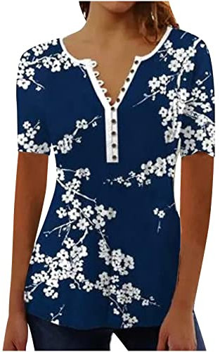 Summer Tops for Women UK Sale Clearance,Elegant Henley T-Shirts Vintage Floral Printed Tunic Tops V Neck Flowy Flare Buttons Up Blouse Swing Ladies Blouses Longine Shirts Casual Baggy Plus Size