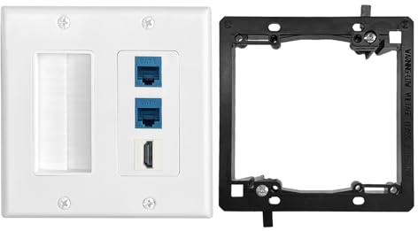 Plaque murale à 2 gangs, Ethernet 2 ports et 1 port HDMI, prise RJ45 Keystone Cat6 bleue avec support de montage basse tension pour fils de haut-parleur, Ethernet, HDMI, coaxial, cordons