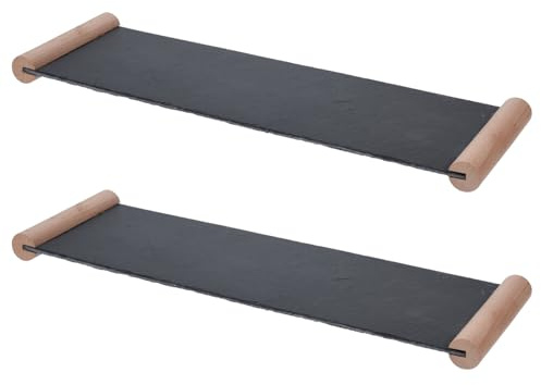 HAC24 2x Servierplatte Schiefer 50 x 15 cm mit Holzgriffen Schieferplatte Käseplatte Wurstplatte Servierteller