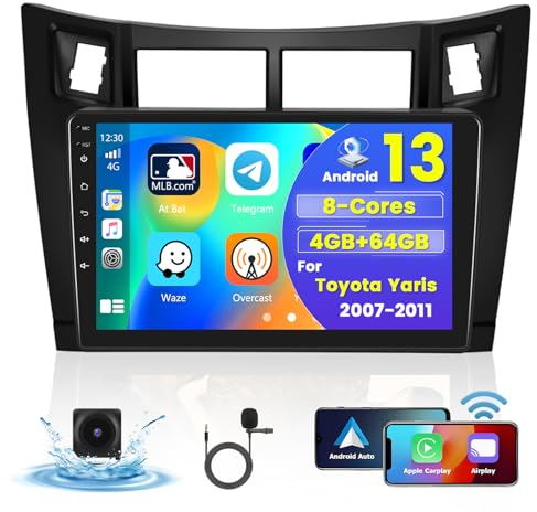 Hikity 4G 64G 8Núcleos Radio Coche para Toyota Yaris 2007-2011 Android 15 Carplay Inalámbrico Android Auto Pantalla Radio de 9'' con GPS Navegacion Bluetooth WiFi RDS DSP Cámara Trasera