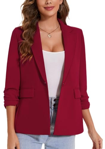 Women 3/4 Ruched Sleeve Blazer Daily Casual Jacket Notch Lapel Outerwear | 3/4 Ruched Sleeve Blazers Jakcets Ladies Casual Blazer for Women One Button Lapel Notch Lapel Jacket Outerwear with Pockets