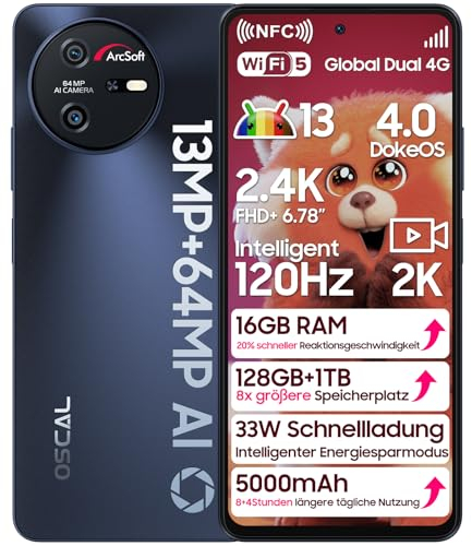 OSCAL Tiger 12 Smartphone 16Go+128Go/TF-1To Helio G99, Octa Core Telephone Portable 120Hz 6,78 FHD+, Téléphone Portable Android 13 33W Charge Rapide, 64MP, NFC/Fingerprint/Face ID/Dual SIM - Noir