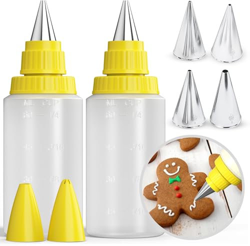CukkiCakes (2) Bouteille 60ml + (4) Douille Patisserie Taille M Lot de 6 Pcs. | Flacon Doseur avec Embout Pour Écrire, Décorer Patisserie Noel, Glacage Royal | Patisserie Accessoires Professionnel