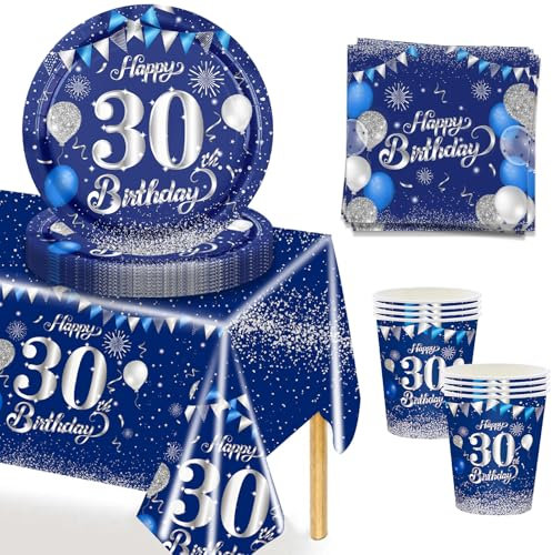 MORAINJAY 53Pcs Birthday Tableware Set for 30,Navy Blue Silver Tableware Set for 30th Birthday Party with Plates,Napkins,Tablecloth,Dinnerware Set for 30,Party Supplies Table Decor for Him,Men,Adults